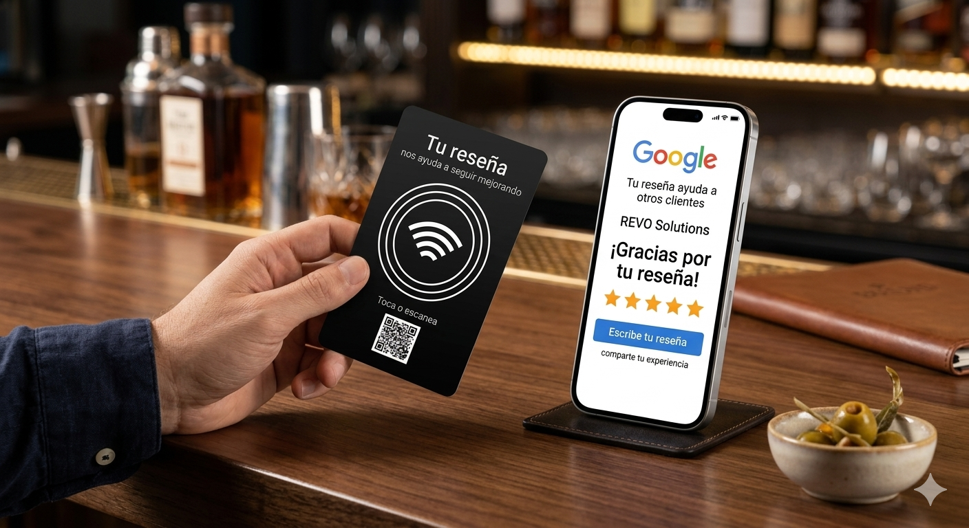 Tarjeta Review Tap junto a la pantalla de Google Reviews